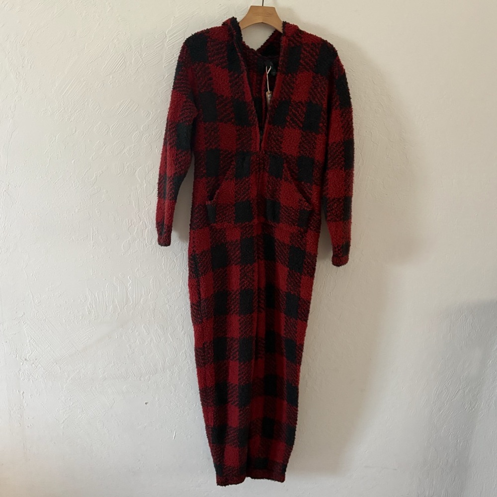 SKIMS Womens S/M Red Black Brick Buffalo Check Cozy Knit Jumpsuitā Zip Hood New
